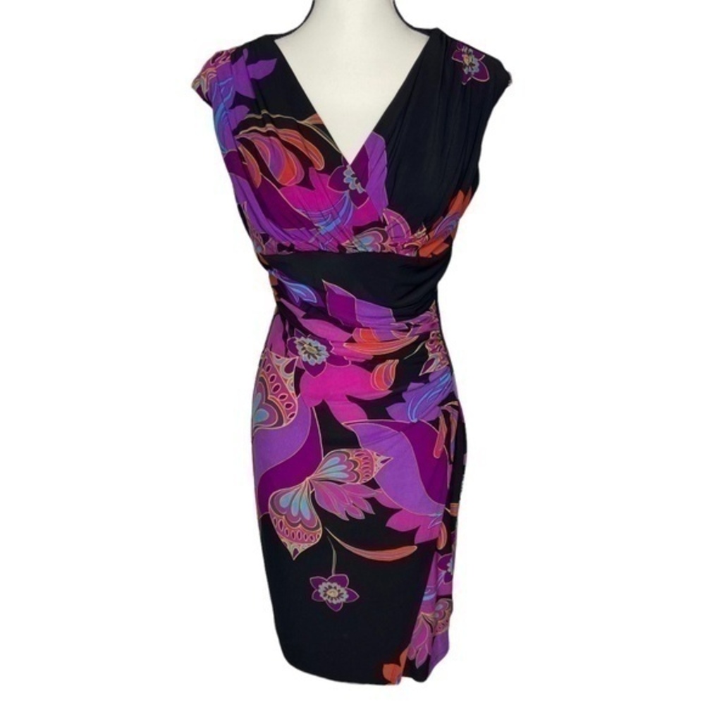 Evan Picone Dress V Neck Floral Print MultiColor Cinched Waist Dress Size 6